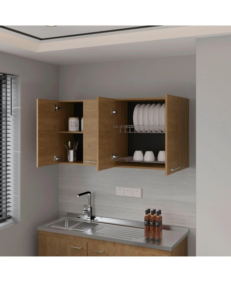 Fm Furniture Verona Wall-Mounted Kitchen Storage Cabinet with Integrated Dish Rack and Four Doors