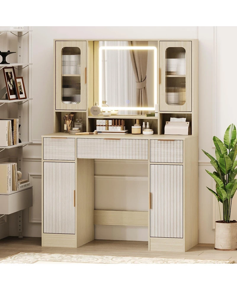 gaomon Vanity Desk with Mirror and Light, Makeup Dressing Table 2 Glass Cabinets, Large Cabinets 3 Wavy Drawers,