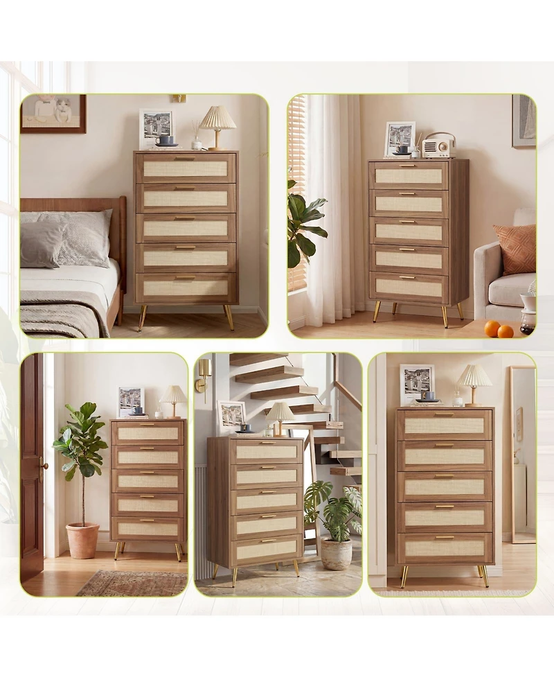 gaomon Modern Rattan 5-Drawer Dresser with Metal Handles and Splayed Legs – Mdf Tall Chest of Drawers for Bedroom, Entryway Living Room Storage