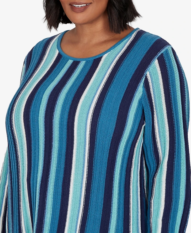 Hearts Of Palm Plus Stripe Fringe 3/4-Sleeve Pullover