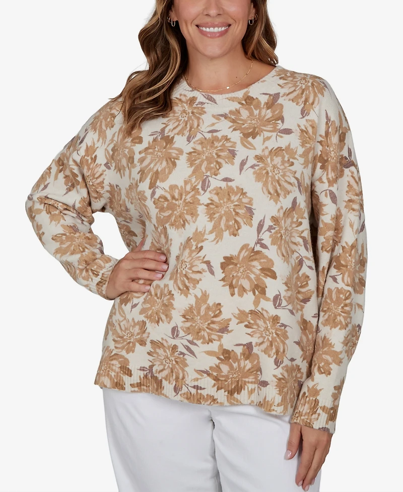 Hearts Of Palm Plus Floral-Print Crewneck Long-Sleeve Sweater