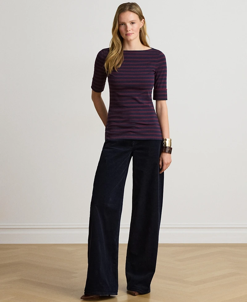 Lauren Ralph Women's Striped Stretch Cotton Boat Neck Top