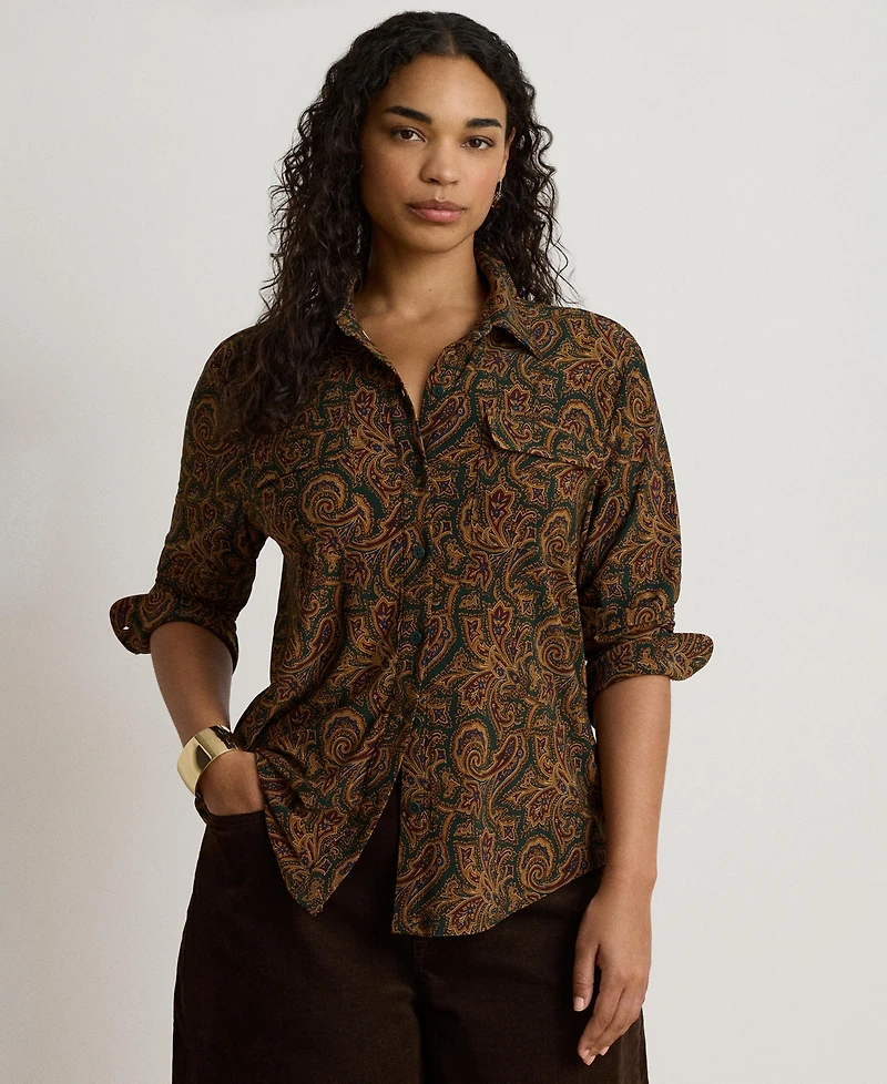 Lauren Ralph Women's Paisley Stretch Jersey Shirt Long-Sleeve Button-Up Blouse