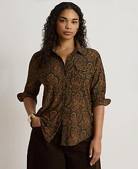 Lauren Ralph Women's Paisley Stretch Jersey Shirt Long-Sleeve Button-Up Blouse
