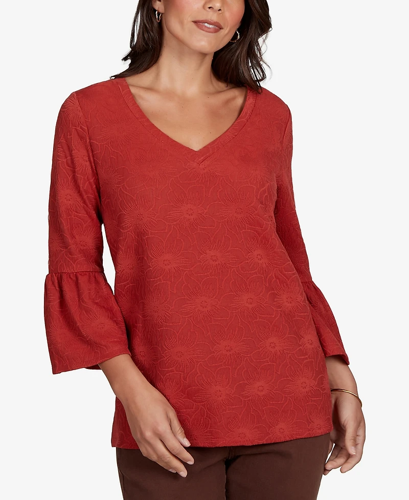 Ruby Rd. Petite V-Neck Floral-Print Bell-Sleeve Top