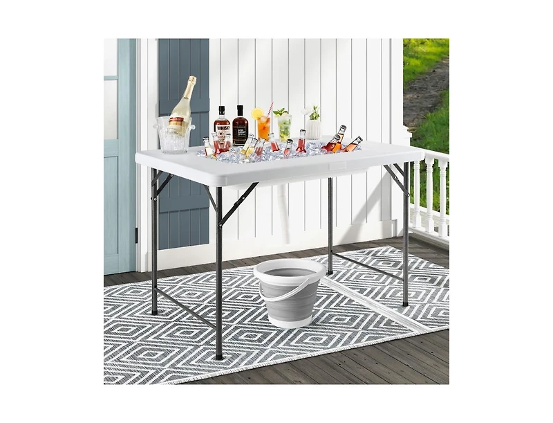 Boyel Living 4 Feet Folding Ice Bin Table with Skirt for Camping Picnic Wedding with Ice Bucket