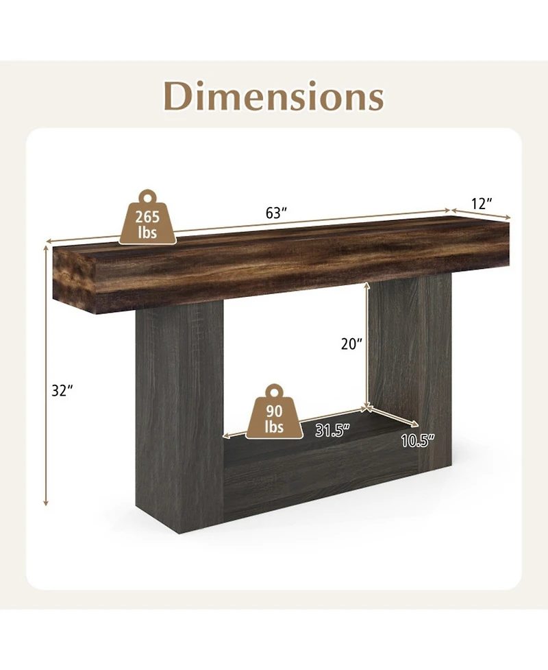 Sugift 2-Tier Farmhouse Console Table 63 Inch Long Slim Sofa Table with Storage Shelf
