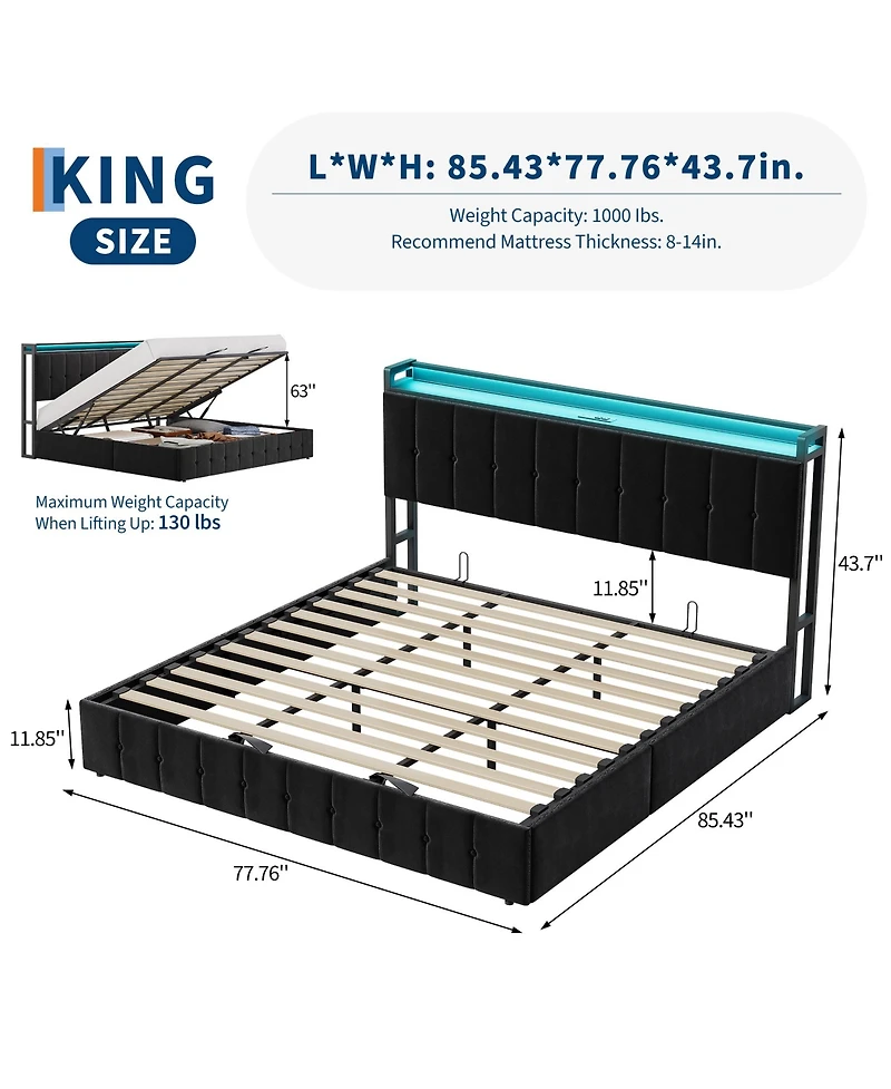 Gaomon King Bed Frame with Lift Up Storage and Led Lights, Velvet Bed with Storage Headboard and Charging Station, Metal Platform Bed