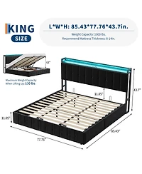 Gaomon King Bed Frame with Lift Up Storage and Led Lights, Velvet Bed with Storage Headboard and Charging Station, Metal Platform Bed