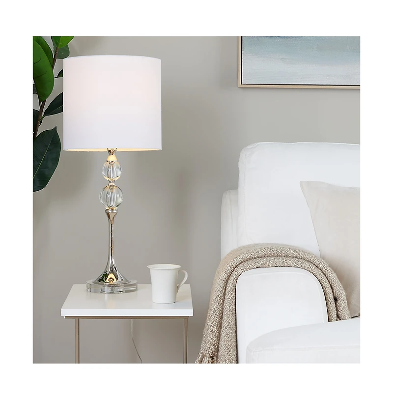 26" Contemporary Crystal Table Lamp in Clear Crystal and Polished Nickel with White Linen Shade from Grandview Gallery - Set of 2