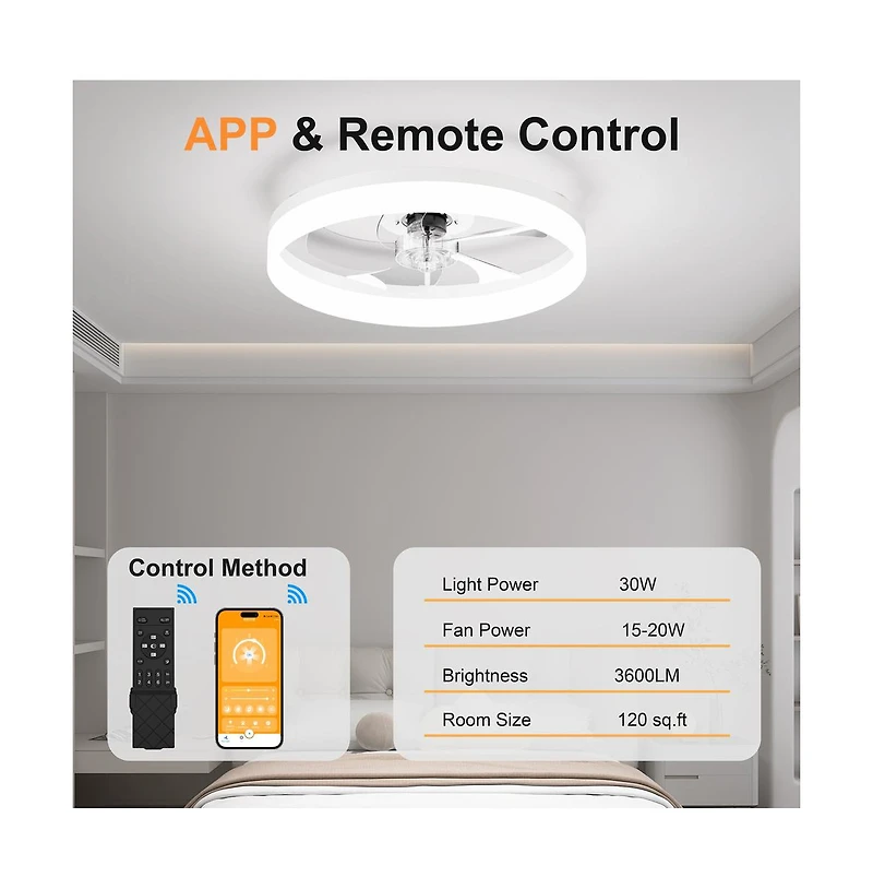 Sofucor 19.7-in Flush Mount Ceiling Fan Led Light with Remote and App Control Included 5-Blade