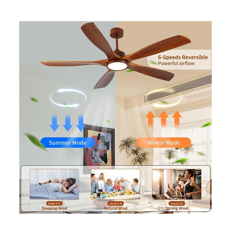 Sofucor 60-in Modern Natural Wood Downrod Ceiling Fans with Lights and Remote Control Included 5-Blade