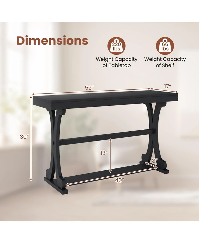 Sugift Vintage 52 Inch Narrow Console Table with Curved Solid Wood Legs and Open Shelf