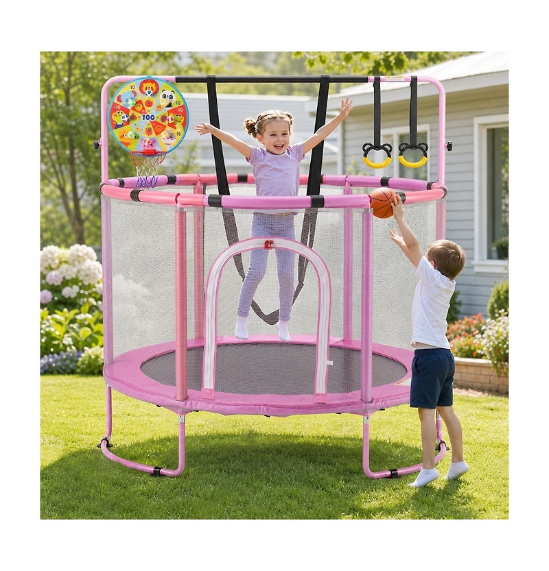 Sugift 55" Kids Trampoline with Basketball Hoop & Adjustable Gymnastics Bar, Ages 3+