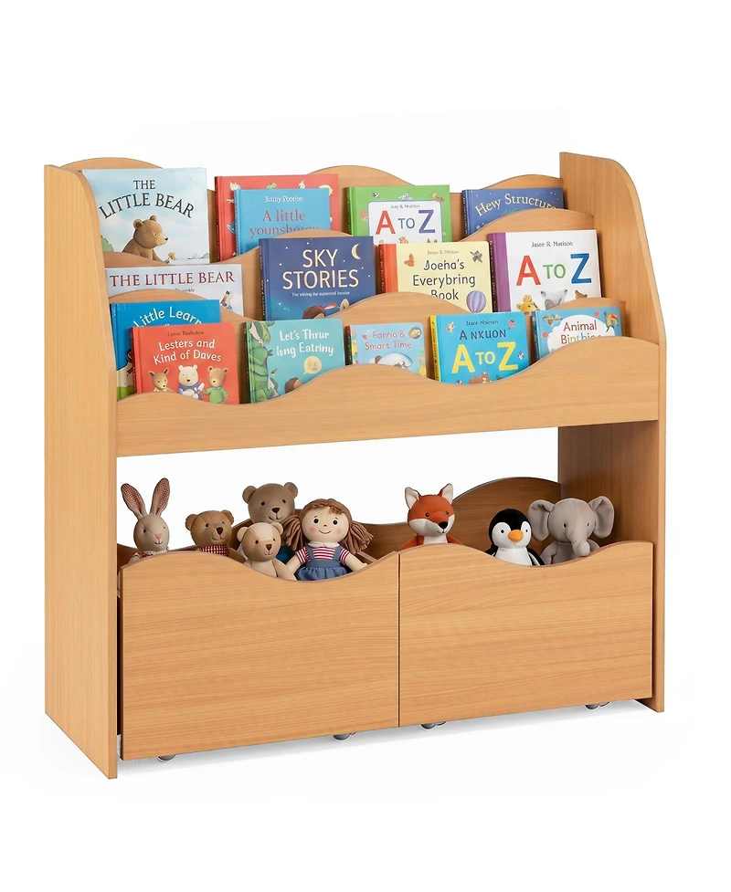 Gymax Kids Toy Storage Organizer Wooden Montessori Bookshelf with Two Rolling Drawers