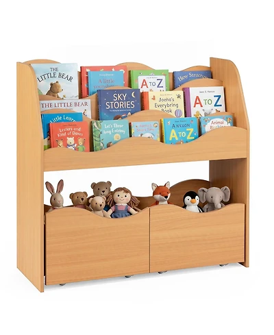 Gymax Kids Toy Storage Organizer Wooden Montessori Bookshelf with Two Rolling Drawers
