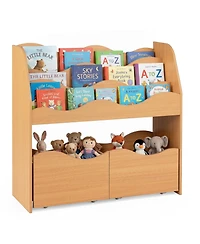 Gymax Kids Toy Storage Organizer Wooden Montessori Bookshelf with Two Rolling Drawers