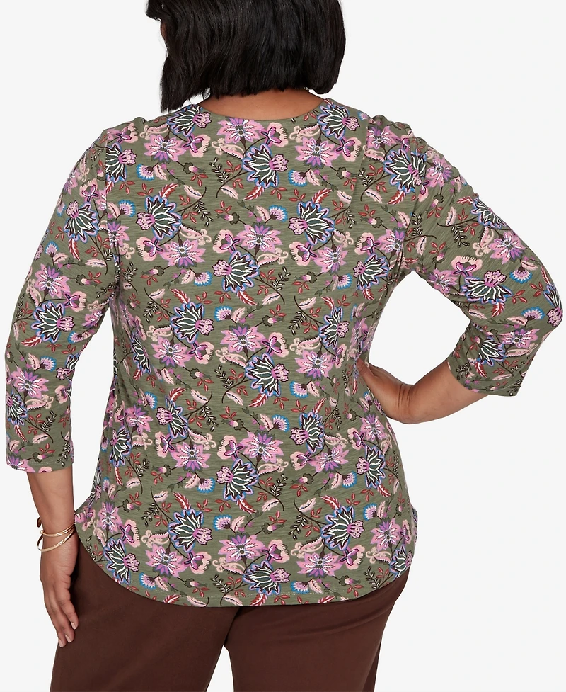Ruby Rd. Plus Knt Garden Square Neck 3/4-Sleeve Floral Cotton-Blend T-Shirt