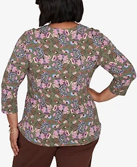 Ruby Rd. Plus Knt Garden Square Neck 3/4-Sleeve Floral Cotton-Blend T-Shirt