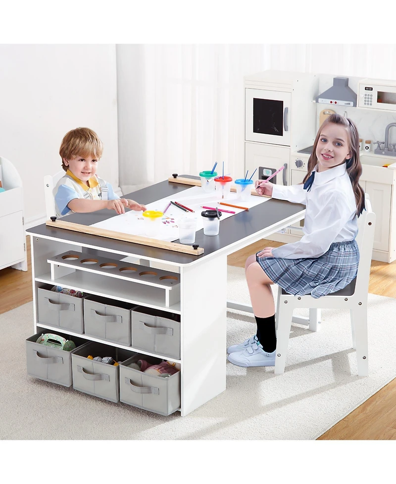 homfan 4-in-1 Kids Art Table Set (Table plus 2 Chairs) - Wooden Activity Desk with Storage Bins, Easel, Drawing and Study
