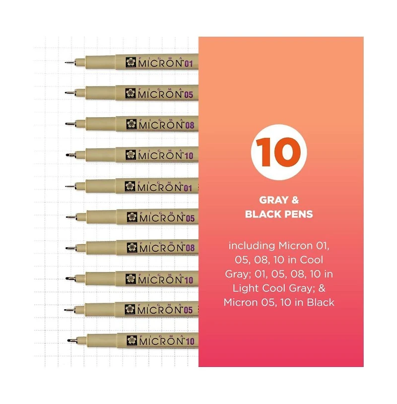 Sakura Pigma Micron Fineliner Pens, Archival Gray & Black Ink, Ass't Tip Sizes, 10 Pk