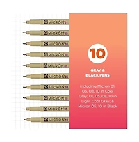 Sakura Pigma Micron Fineliner Pens, Archival Gray & Black Ink, Ass't Tip Sizes, 10 Pk