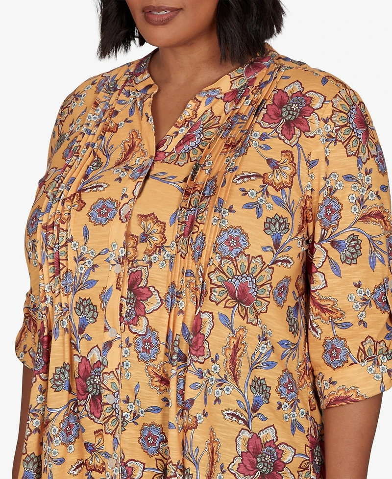 Ruby Rd. Plus Knit Vines Floral 3/4-Sleeve Henley Blouse