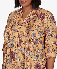 Ruby Rd. Plus Knit Vines Floral 3/4-Sleeve Henley Blouse