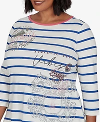 Ruby Rd. Plus Stripe Boat Neck 3/4-Sleeve Top