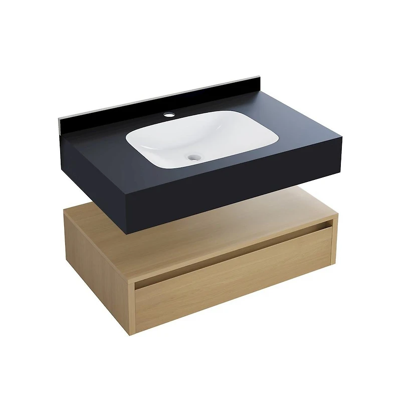 Swiss Madison 36" Wall-Mounted Bathroom Vanity in Natural Oak with Black Marble Sink Top