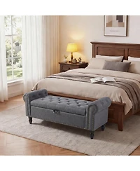 gaomon Storage Bench 51 Inch Upholstered Button Tufted Ottoman with Rolled Arms Safety Hinge Linen Fabric for Bedroom Entryway