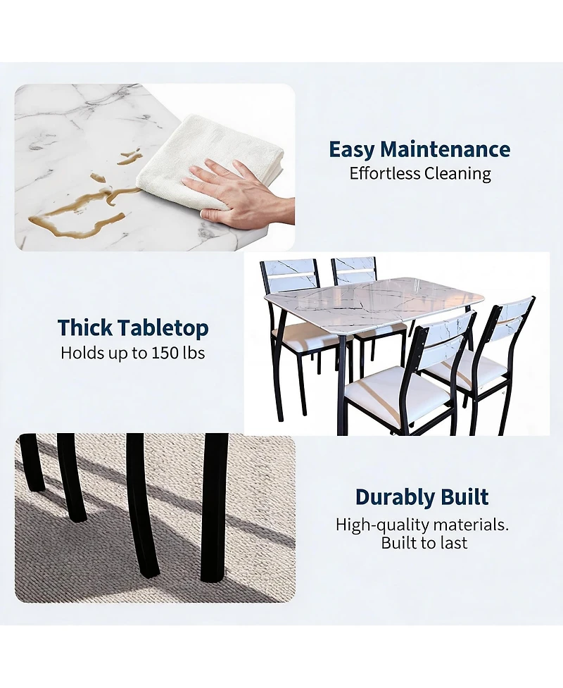 gaomon Dining Table Set 5 Piece White Modern Metal and Wood Space-Saving with Cushioned Chairs Chamfered Edge for Apartment Kitchen Breakfast Nook