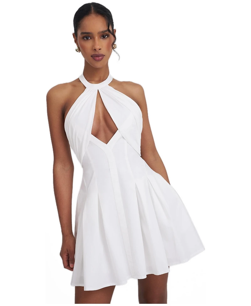 Miss Circle Women's Jordyn White Cotton Poplin Keyhole Halter Mini Dress
