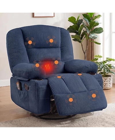 Oversized Swivel Rocker Recliner with Massage and Heat, Corduroy, Extra Wide Seat