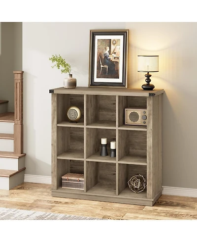 37.4" 9-Cube Farmhouse Horizontal Bookcase, 4-Tier Storage Organizer for Entryway and Living Room