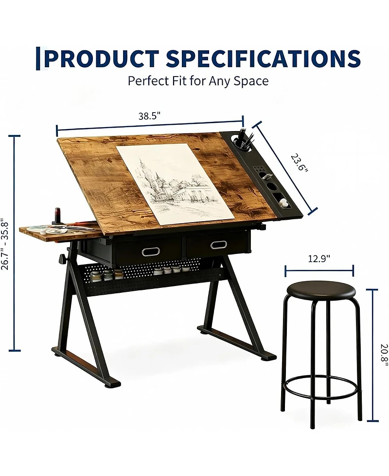 Height Adjustable Drafting Table with Stool, 0-75degree(s) Tilting Art Desk with 2 Drawers