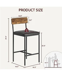 Faux Leather Bar Stools Set of 4 Counter Height 25.5" Black Kitchen Island Chairs with Backrest Footrest Metal Legs Cushioned Seat for Dining Room