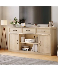Tv Stand for Tvs Up to 65 in, Farmhouse TV Console with 3 Drawers, 2-Door Cabinets, Adjustable Shelves and Open Storage, Natural