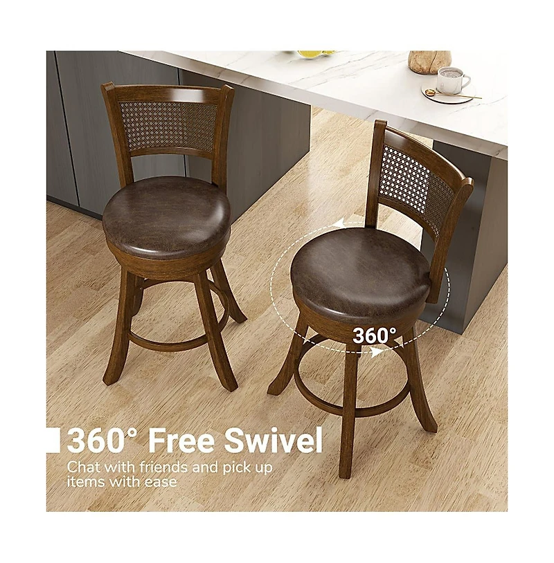Sugift Set of 2 25 Inch Swivel Bar Stools with Leathaire Upholstery and Rattan Backrest