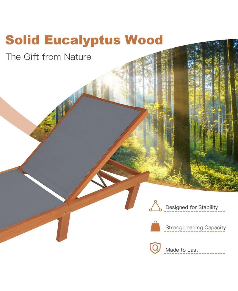 Sugift Adjustable Outdoor Wood Chaise Lounge Chair with 5-Position Backrest 400 lb Capacity
