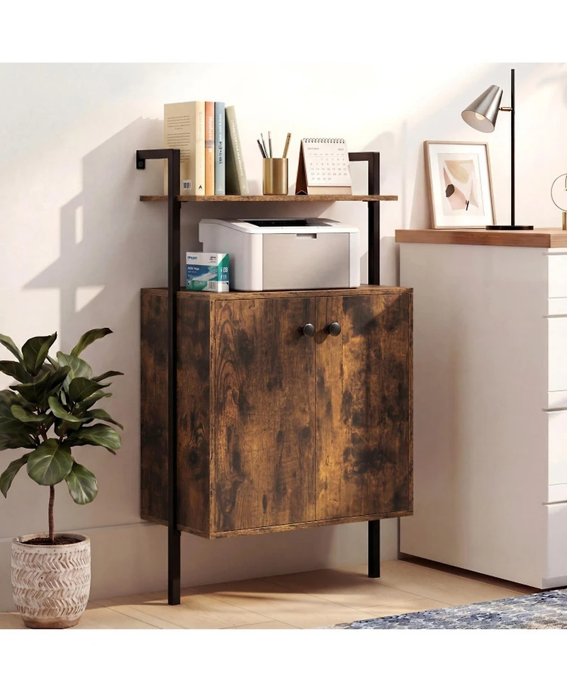 Sugift Wall Mount Bookshelf with 2-Door Storage Cabinet and 2-Tier Open Shelving