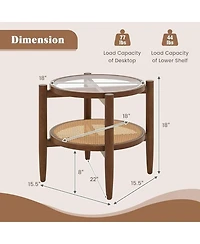 Sugift Set of 2 Rattan Round Side End Tables with Tempered Glass Tabletop 2-Tier Storage Design