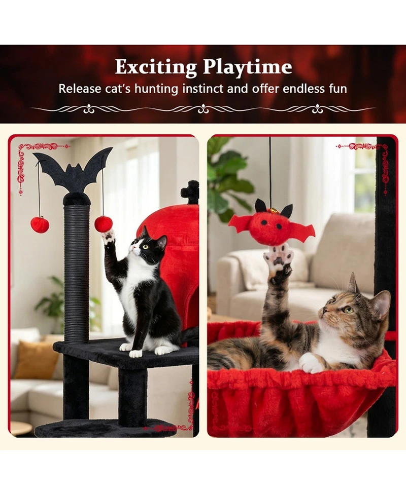 Sugift Gothic Cat Tree 51 Inch Multi-Level Castle Tower with Spider Hanging Toy and Hammock