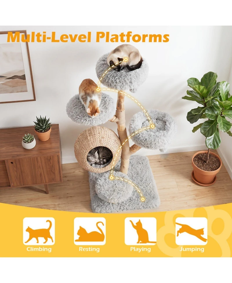 Sugift 5-Tier Wooden Cat Tree with Hand Woven Condo Plush Perches and Jute Posts