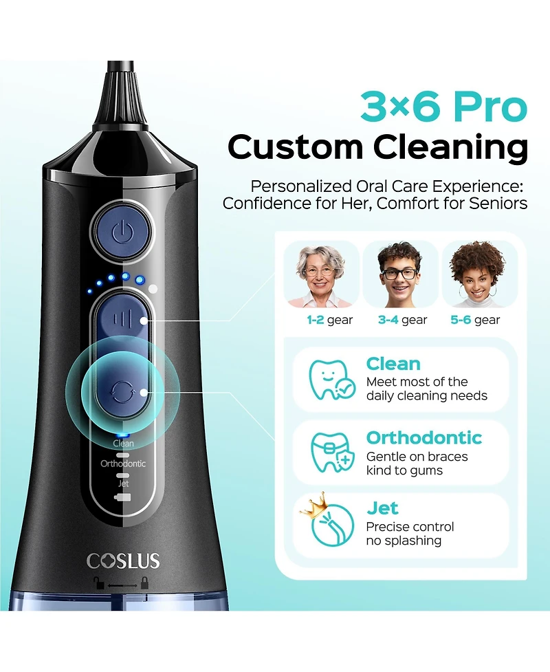 Coslus CX51 Professional Water Flosser, 3 Modes and 6 Intensities, for Sensitive Gums/Braces, Travel/Home