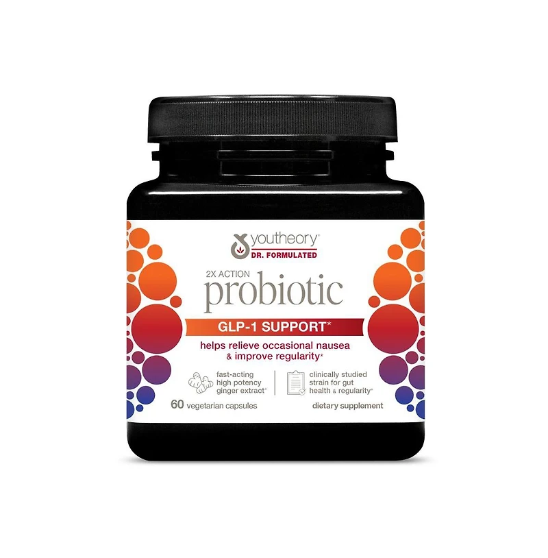 Youtheory 2X Action Probiotic Glp 1 Gut and Digestive Health Support Clinically Studied Gluten and Soy Free 60 Vegetarian Capsules