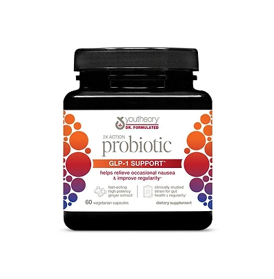 Youtheory 2X Action Probiotic Glp 1 Gut and Digestive Health Support Clinically Studied Gluten and Soy Free 60 Vegetarian Capsules