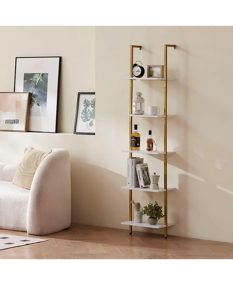 Slickblue 5 Tier Ladder Shelf, Wall Mounted Bookshelf with Metal Frame Storage Rack