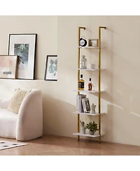 Slickblue 5 Tier Ladder Shelf, Wall Mounted Bookshelf with Metal Frame Storage Rack