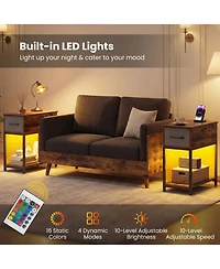 Sugift Industrial Narrow Side Table with Charging Station Led Lights and Fabric Drawer